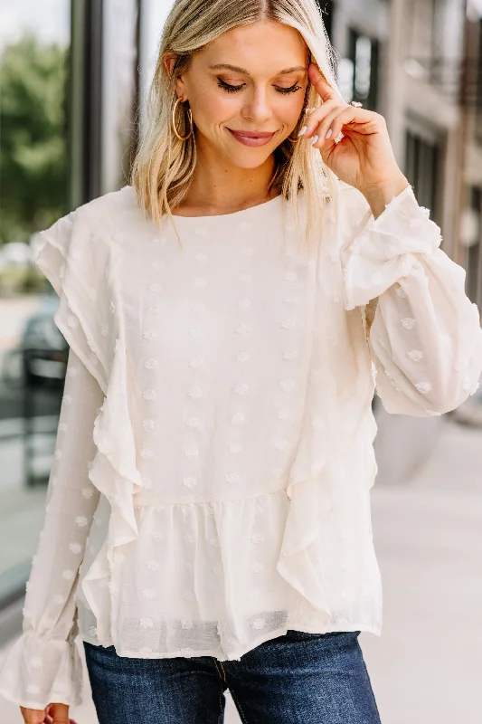 women's tops with floral printsLook Your Way Cream White Swiss Dot Blouse