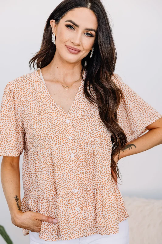 women's tops for those who want to wear pieces that are both comfortable and stylishHigh Stakes Salmon Orange Leaf Print Top