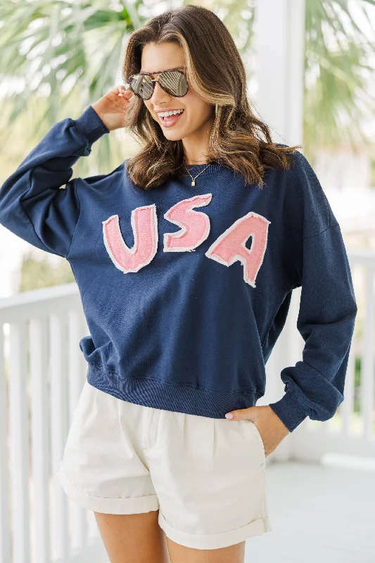 women's tops for those who value both quality and affordabilityLiving The Life Navy Blue Graphic Pullover