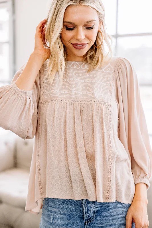 women's tops with ruffled hemsIt Was Always You Sand Brown Embroidered Top