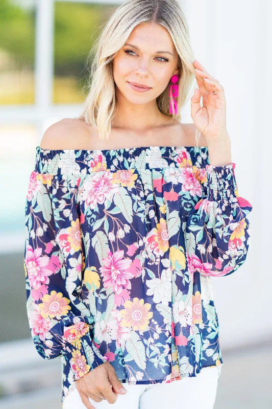 tank tops for womenHappiness Acquired Navy Blue Floral Blouse