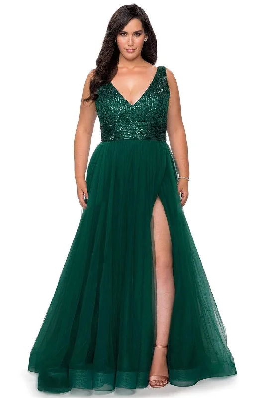 Pearl DressLa Femme 29045SC - V-Neck Tulle A-Line Evening Gown