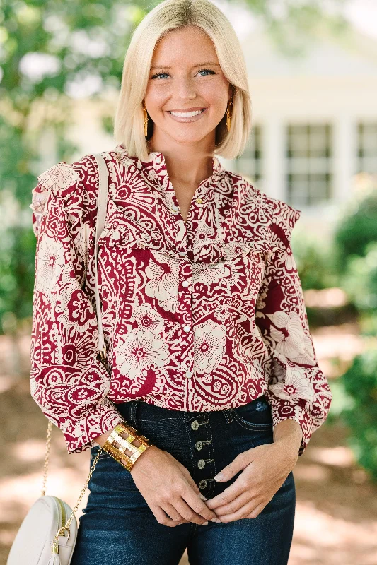 women's tops for those who want to add a bit of flair and personality to their looksKeep It Up Sangria Red Floral Ruffled L/S Blouse