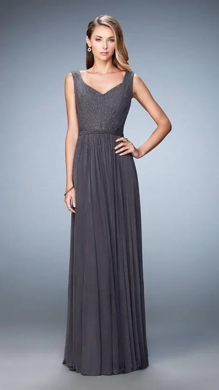 Button-Down DressLa Femme - 21624SC Beaded V-Neck A-Line Evening Dress