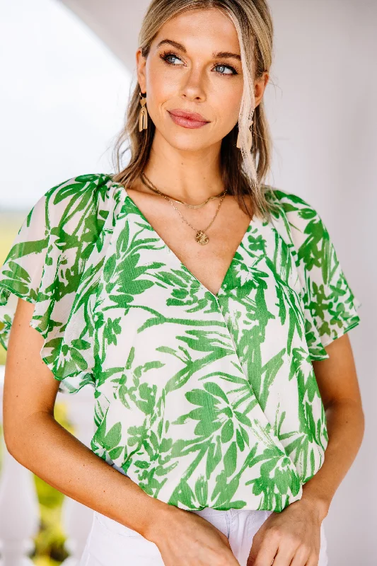 women's tops for those who value both quality and affordabilityOut For Adventures Kelly Green Palm Print Bodysuit