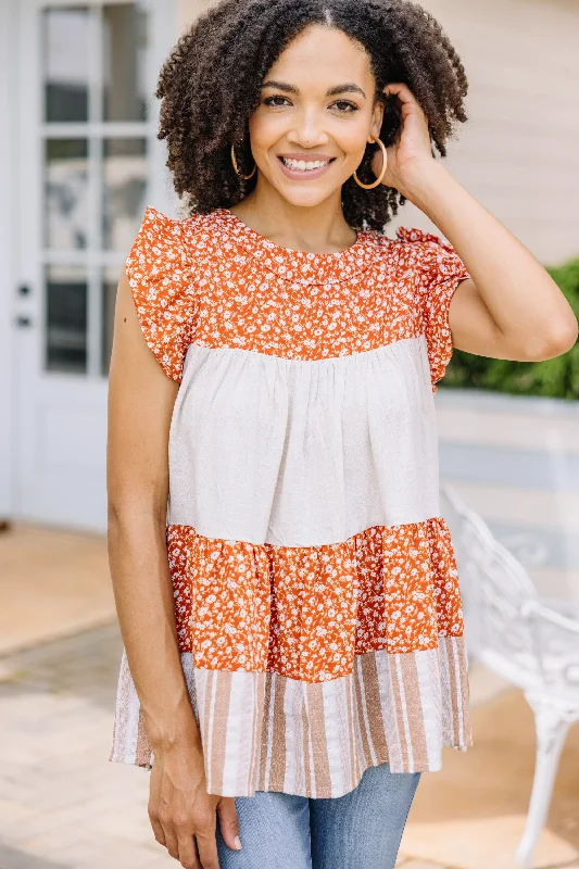 women's tops for those who appreciate subtle and muted tonesGive The Joy Clay Orange Colorblock Top