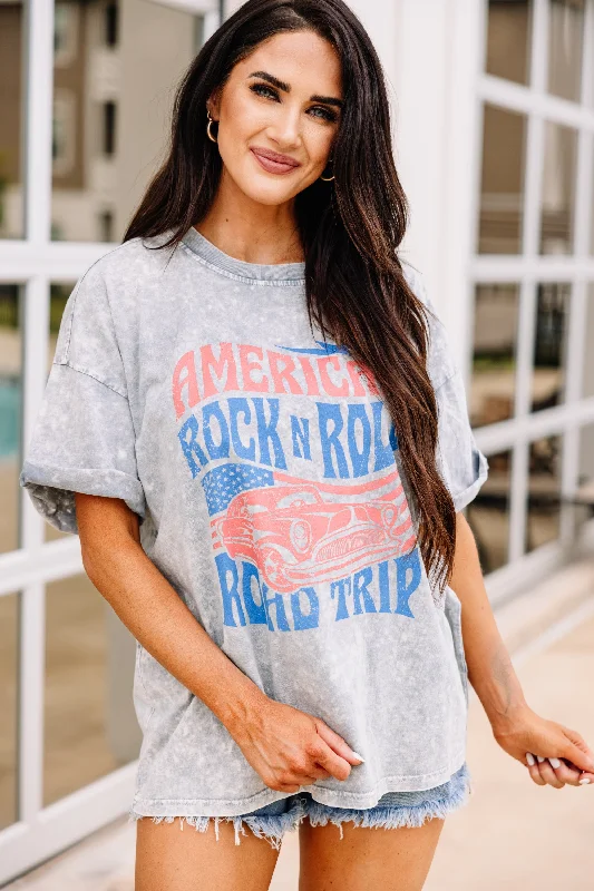 women's tops for maximalist fashion loversAmerican Road Trip Gray Graphic Tee