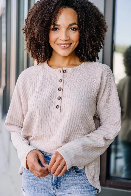 women's tops with cinched waistsMake You See Taupe Brown Henley Top