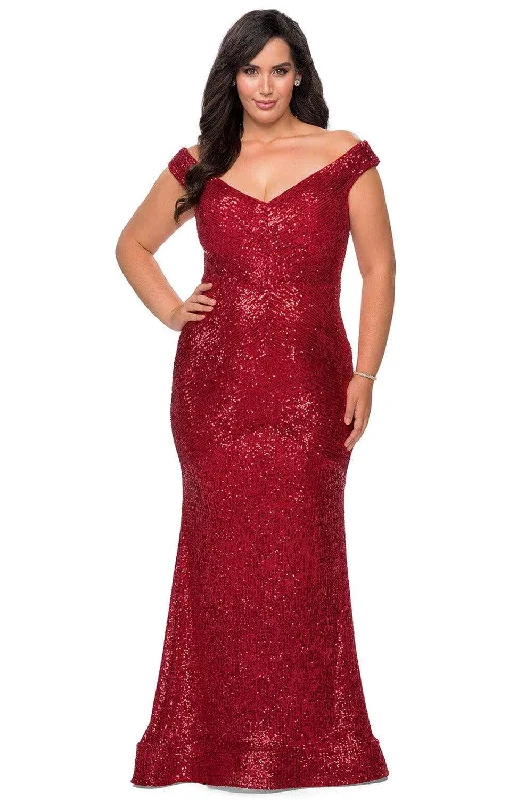 women's wrinkle-resistant dressesLa Femme 28949SC - Off Shoulder Sequin Evening Dress