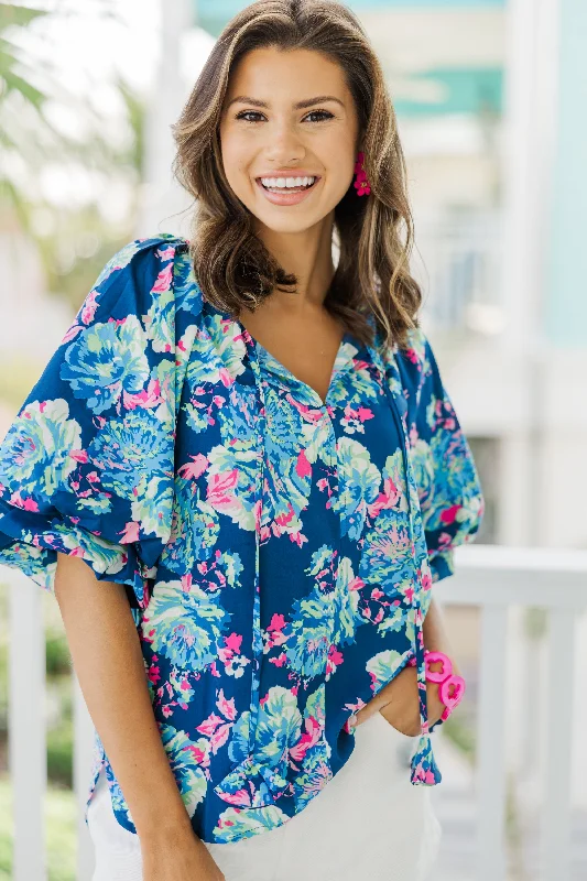 women's tops made from cottonAll For The Fun Navy Blue Floral Blouse