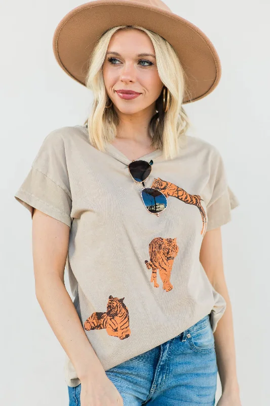 women's tops for evening soireesTiger Tiger Taupe Brown Graphic Tee