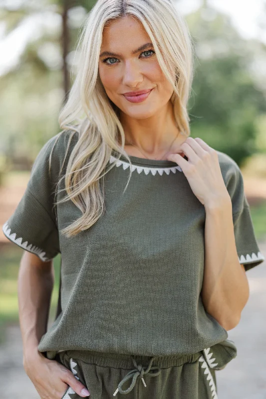 cropped women's topsAll Worth It Olive Green Embroidered Top