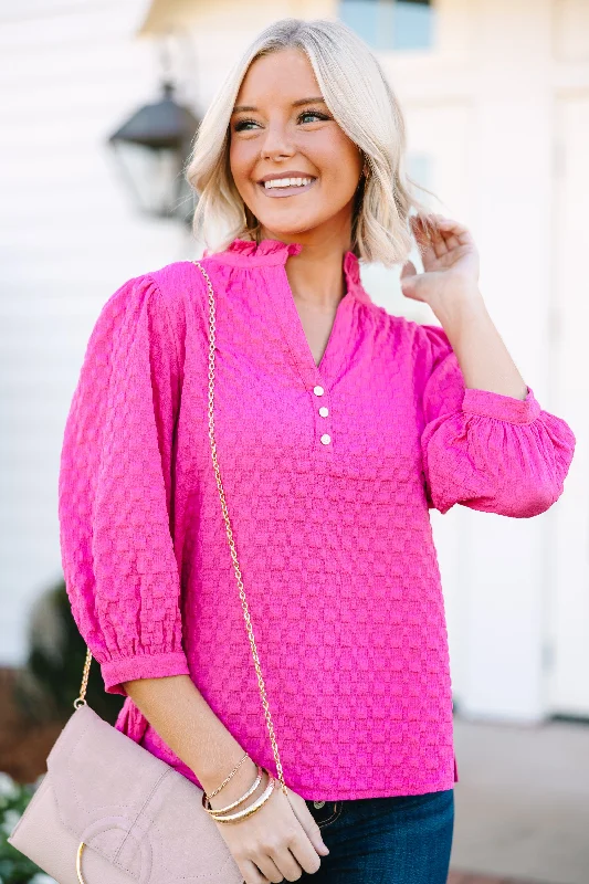 women's tops for cozy nights inAll Up To You Hot Pink Textured Blouse