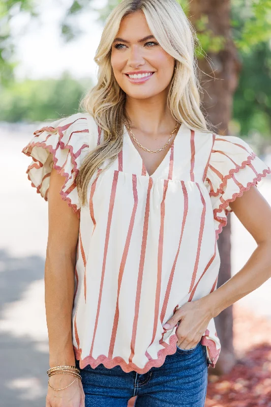 trendy women's topsAs It Happens Rust Orange Striped Blouse