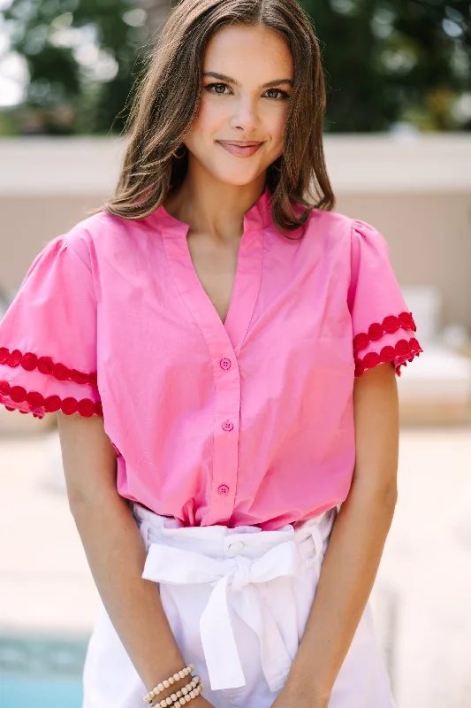 women's tops for relaxed weekendsFree To Be You Pink Button Down Blouse