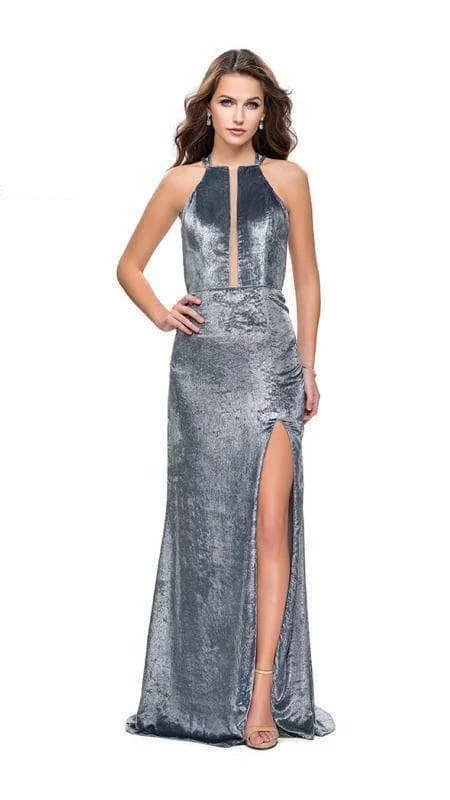 women's stretchy dressesLa Femme 25861SC - Illusion High Halter Evening Dress