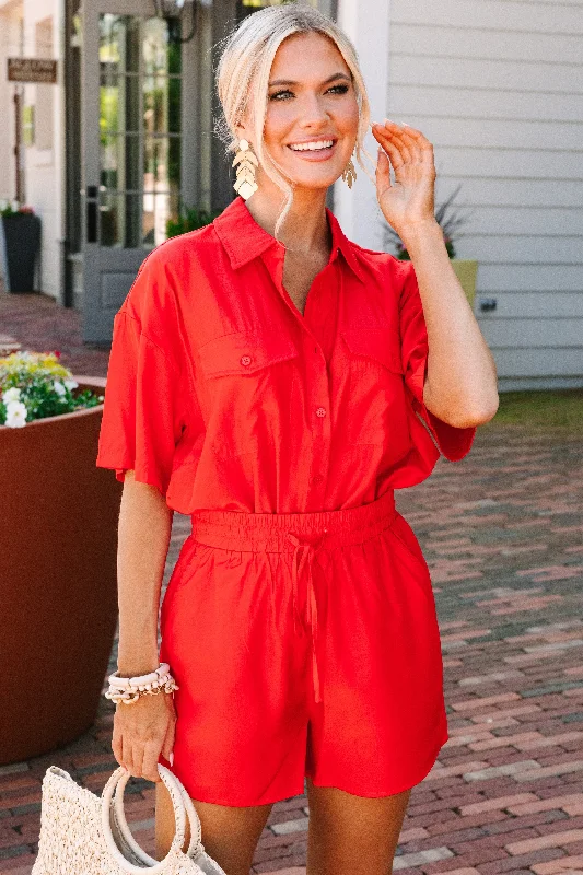 women's tops for bridal showers and baby showersOn An Adventure Red Button Down Top