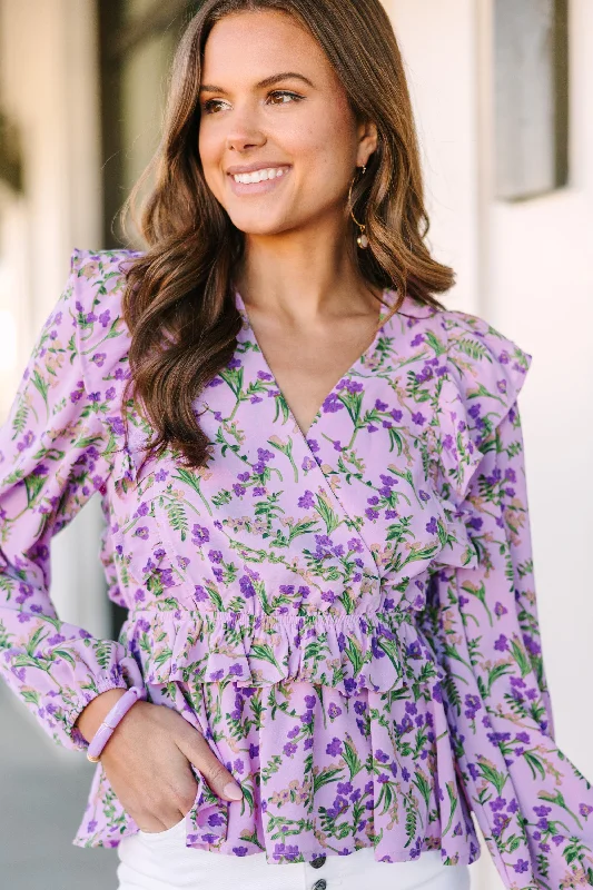 women's tops for gala dinnersIt's Your Day Lavender Purple Ditsy Floral Blouse