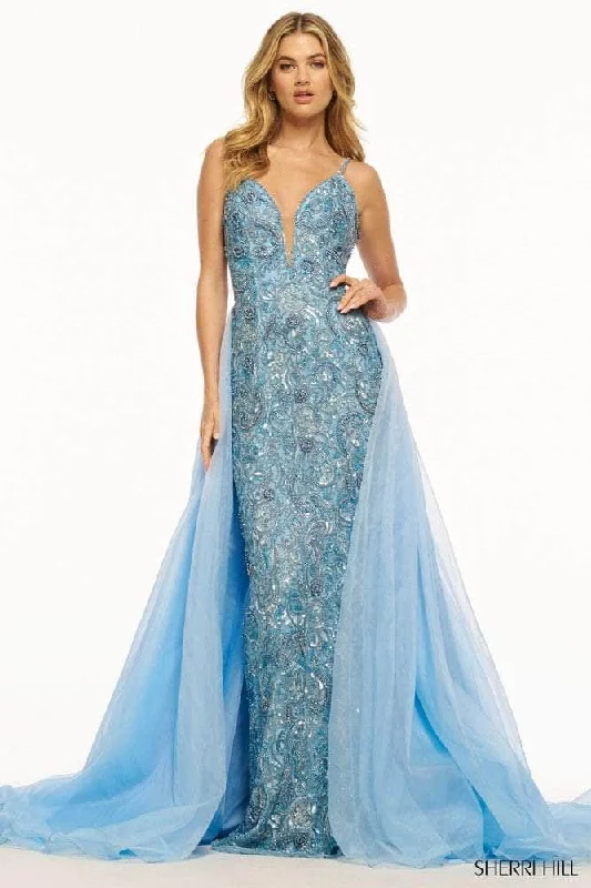 women's ruffle dressesSherri Hill 56018 - V-Neck Organza Overskirt Evening Gown