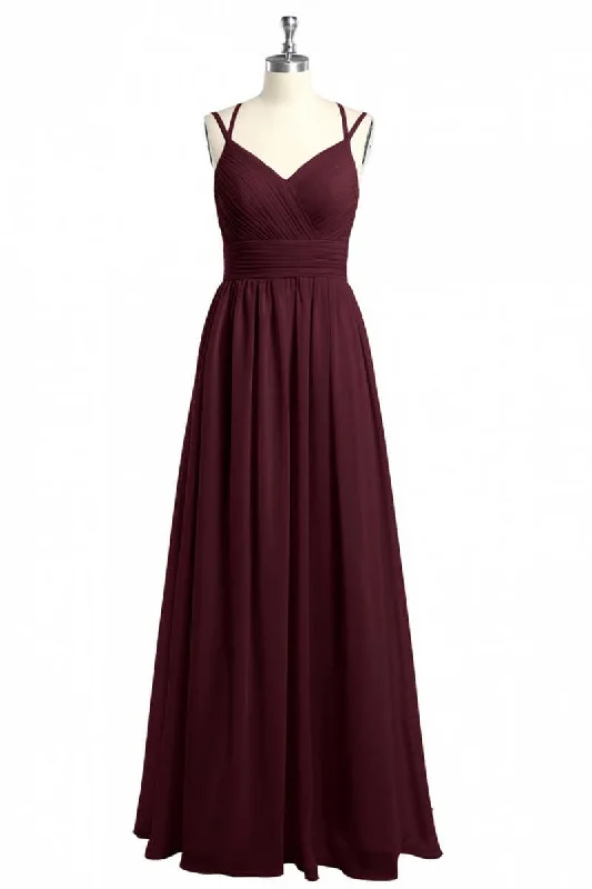 women's hourglass figure dressesBurgundy Chiffon Spaghetti Straps A-line Long Bridesmaid Dress