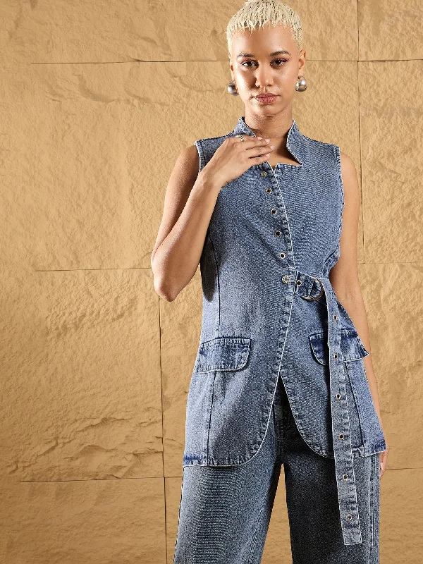 women's coats with Victorian-era influencesWomen Blue Wash Denim Eyelet Sleeveless Jacket