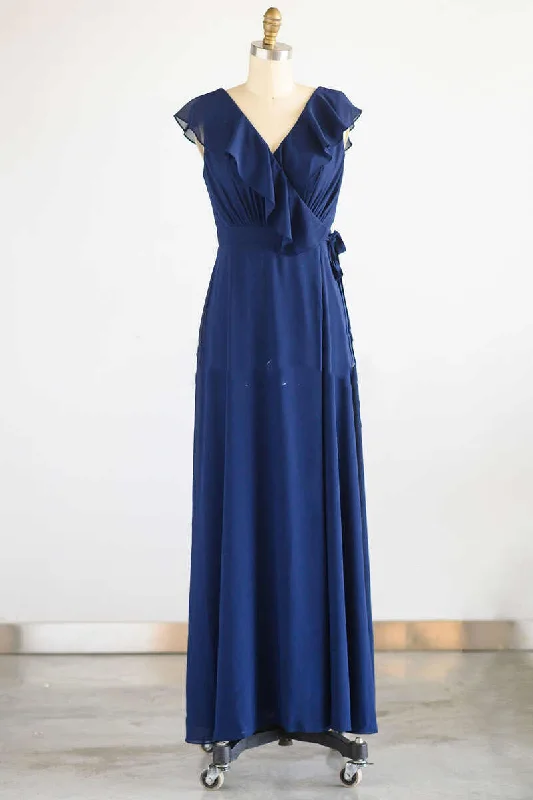 Lace DressNavy Blue Ruffled Tie-Side Long Bridesmaid Dress