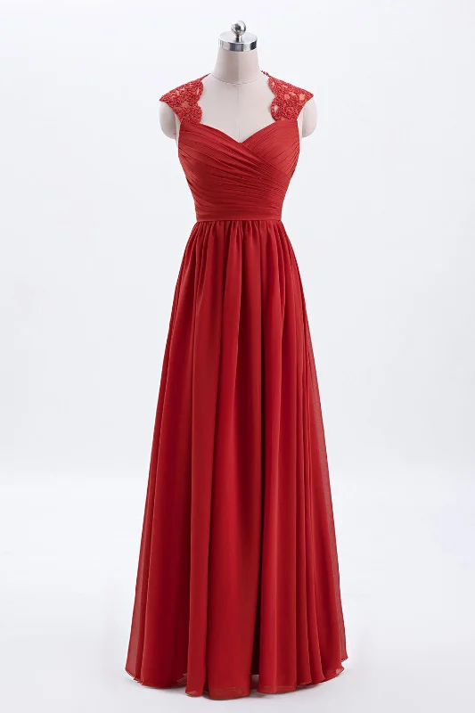 women's ball gown dressesElegant Red Chiffon Pleated A-line Long Bridesmaid Dress