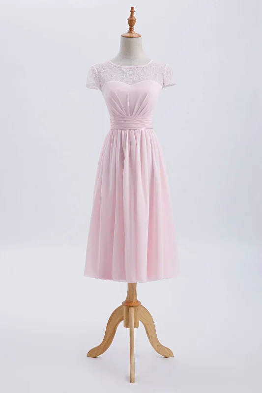 women's cold-shoulder dressesPrincess Pink Chiffon and Lace Short Sleeves Bridesmaid Dress