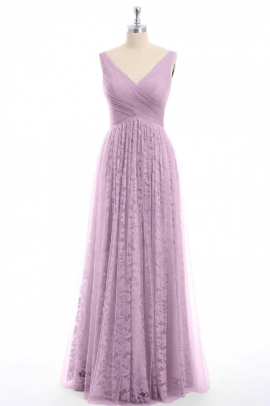 women's business casual dressesDusty Purple Chiffon Jacquard V-Neck A-Line Long Bridesmaid Dress