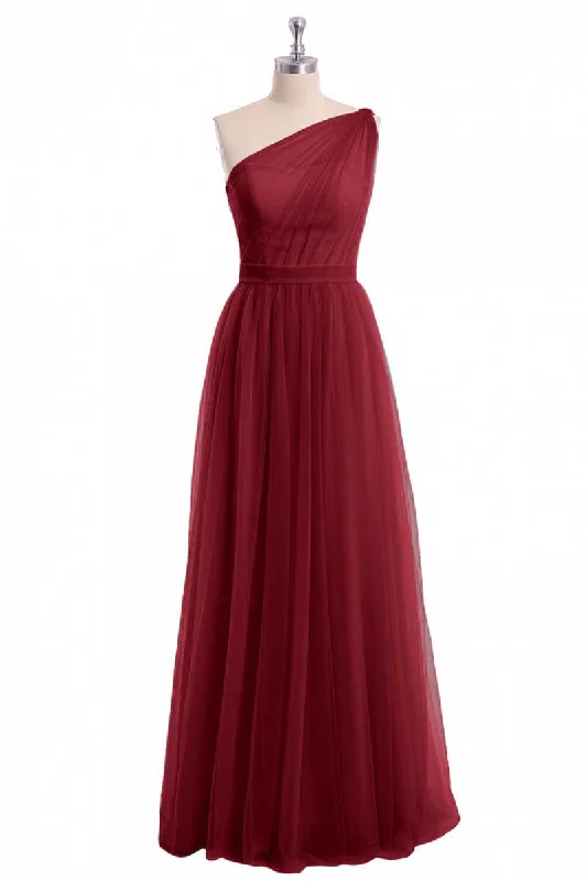 women's fair-trade dressesWine Red Tulle One-Shoulder A-Line Bridesmaid Dress