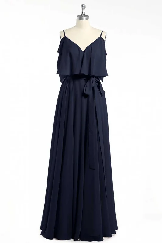 women's ball gown dressesBlack Chiffon V-Neck Ruffled A-Line Long Bridesmaid Dress