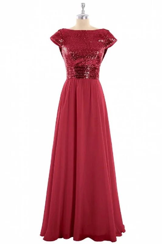 Sleeveless DressBurgundy Sequin Cap Sleeve Backless A-Line Bridesmaid Dress