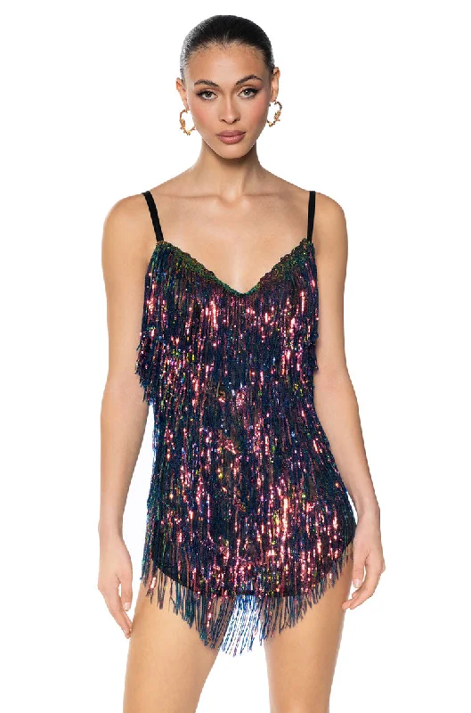 women's stylish dressesSHOW UP SEQUIN FRINGE MINI DRESS IN BLACK MULTI