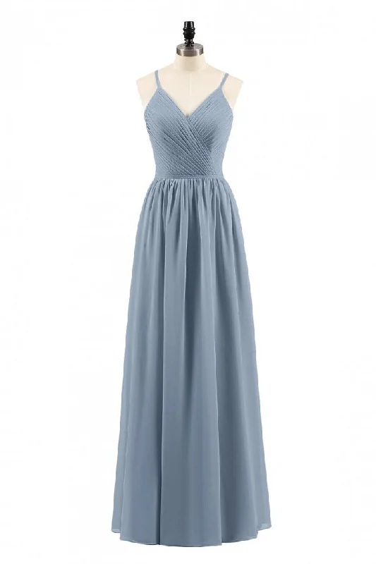 women's prom dressesDusty Blue Chiffon Cutout Back A-Line Long Bridesmaid Dress