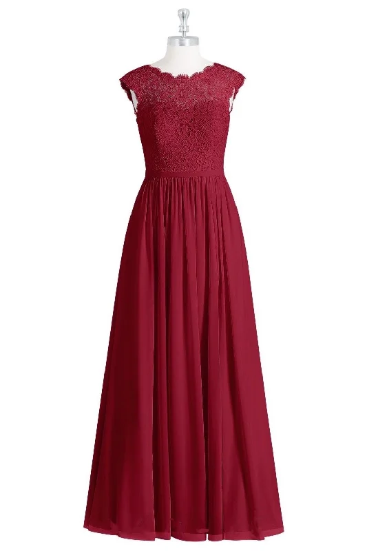 Skater DressRed Lace Cap Sleeve A-Line Long Bridesmaid Dress