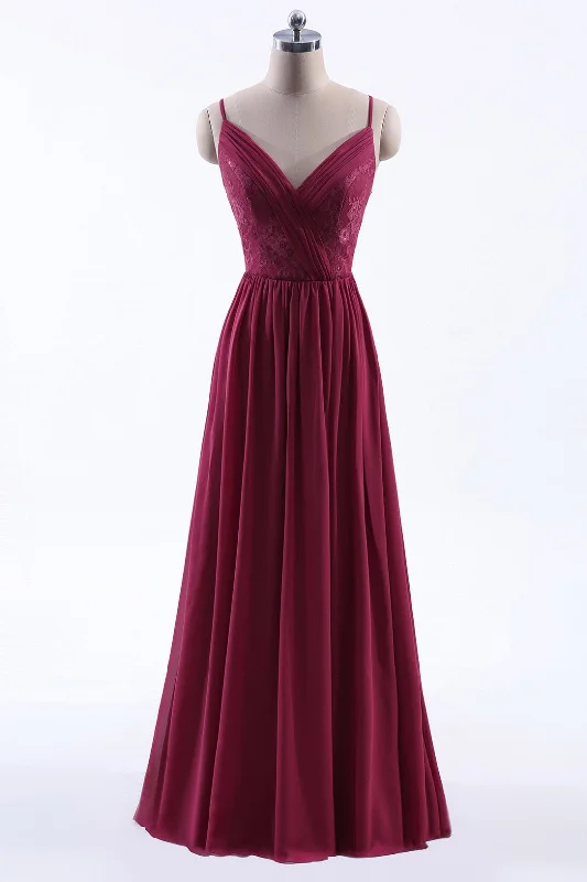 women's neon dressesWine Red Chiffon A-line Long Pleated Bridesmaid Dress