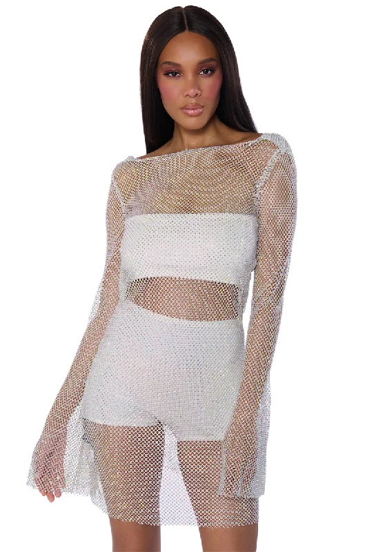 Scoop-Neck DressSHES ALL THAT RHINESTONE MESH MINI DRESS IN WHITE