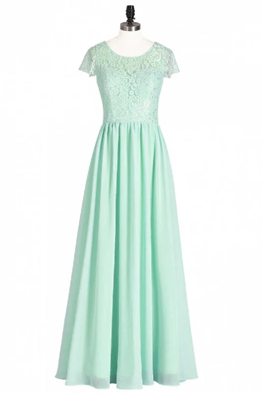 women's chiffon dressesSage Green Lace and Chiffon Cap Sleeve A-Line Long Bridesmaid Dress