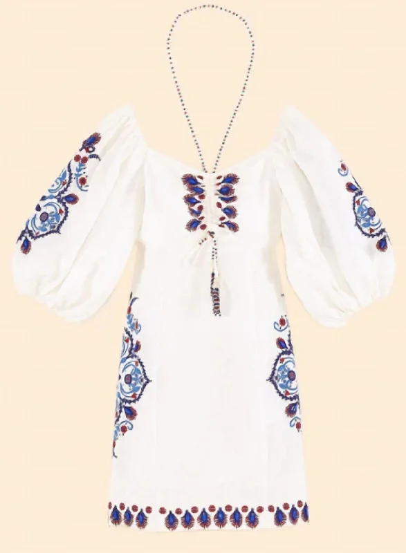 Denim DressOff White Navy Embroidery Mini Dress In White/blue/red