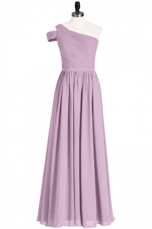 women's metallic dressesDusty Purple Chiffon One-Shoulder A-Line Long Bridesmaid Dress