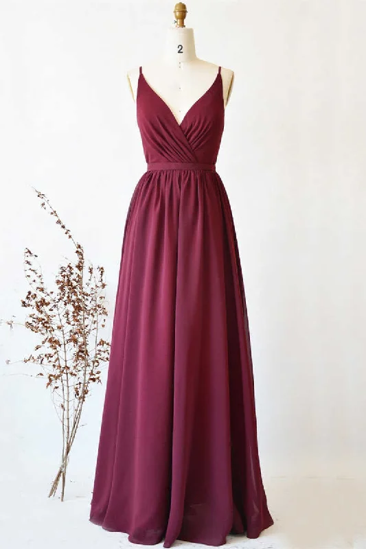 women's unique dressesMagenta Chiffon V-Neck Spaghetti Straps Long Bridesmaid Dress