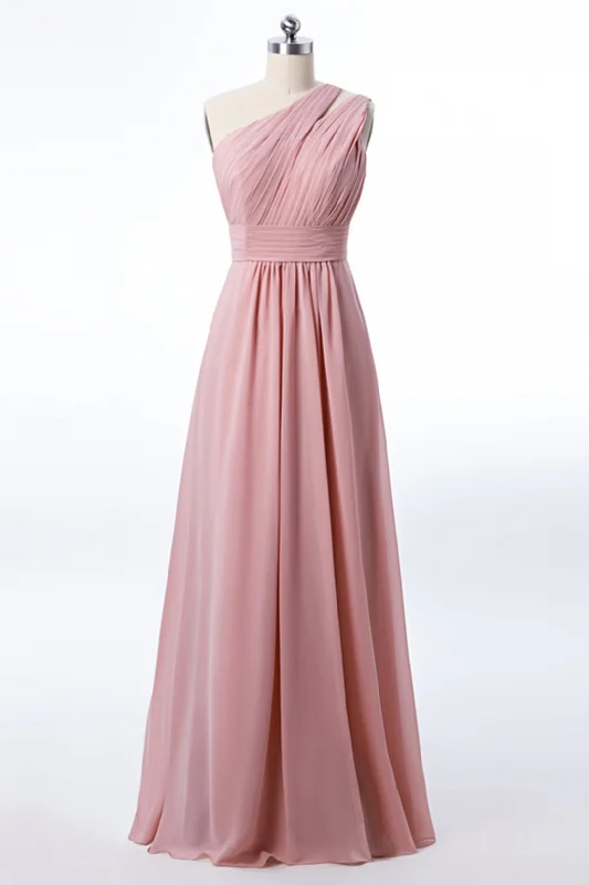 women's checkered dressesOne Shoulder Blush Pink Chiffon A-line Bridesmaid Dress