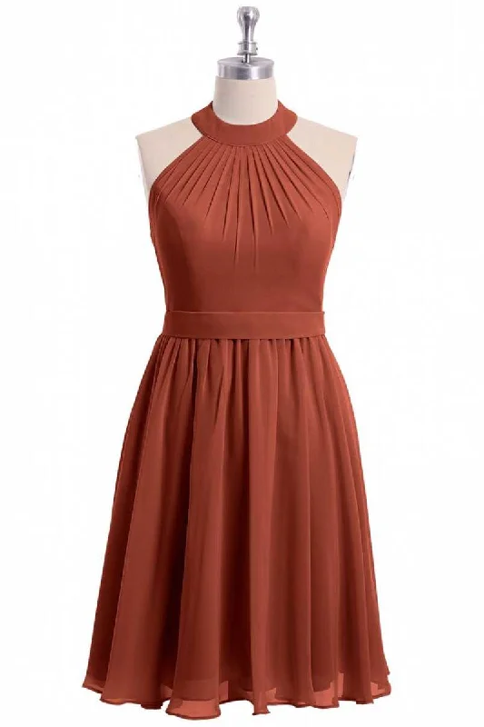 Party DressRust Orange Chiffon Halter Backless A-Line Short Bridesmaid Dress