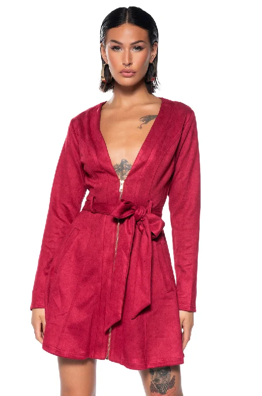 women's maximalist dressesCOVET FAUX SUEDE TRENCH MINI DRESS IN RED