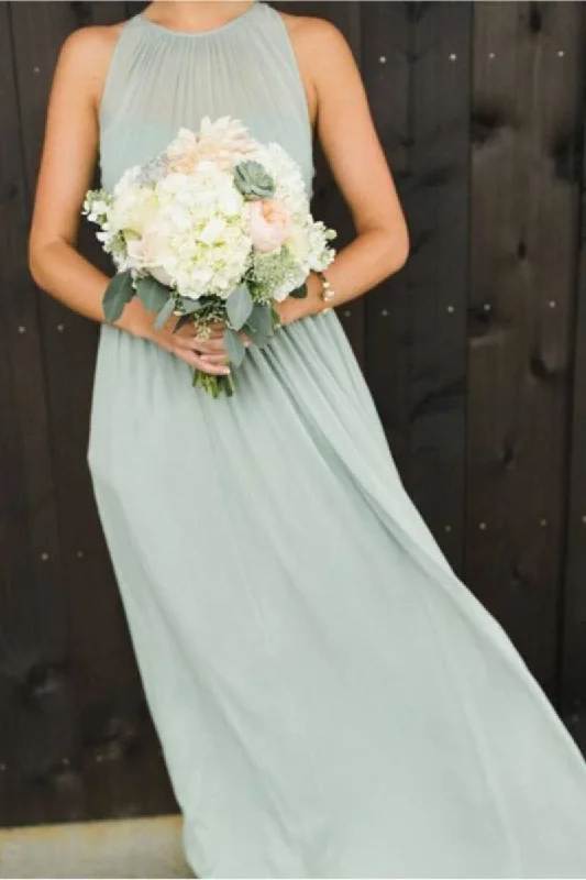 women's wrinkle-resistant dressesSage Green Chiffon Halter Cutout Back Long Bridesmaid Dress