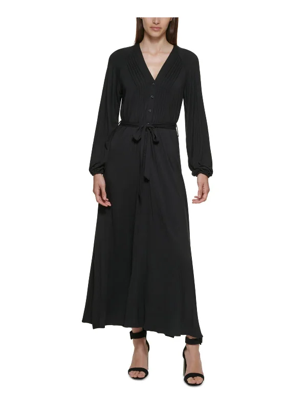 Zip-Up DressWomens Knit Pleated Maxi Dress