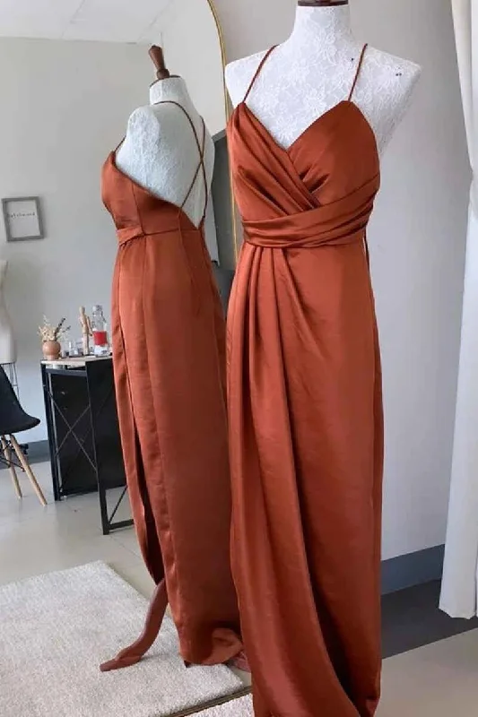 Zipper DressBurnt Orange Backless Long Bridesmaid Dress with Slit