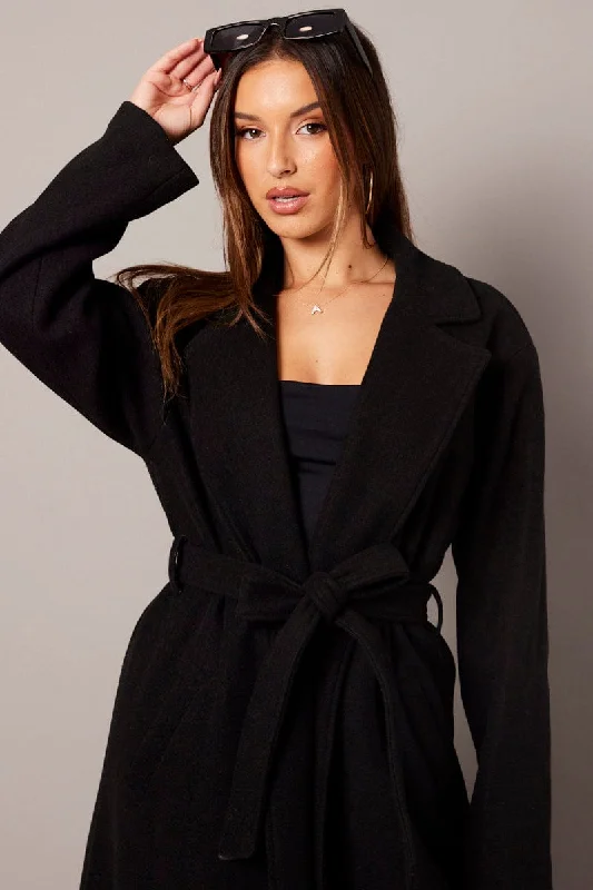 modern women's coatsBlack Long Coat Long Sleeve Tie Front