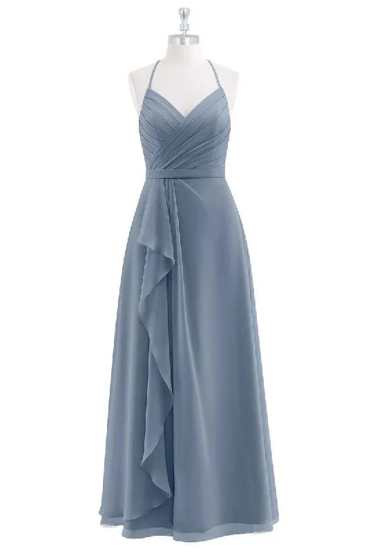 Chic DressDusty Blue Chiffon Halter Backless Ruffled Long Bridesmaid Dress