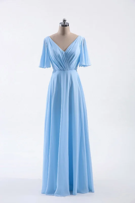 women's long-sleeved dressesFlutter Sleeves Blue Chiffon A-line Long Bridesmaid Dress